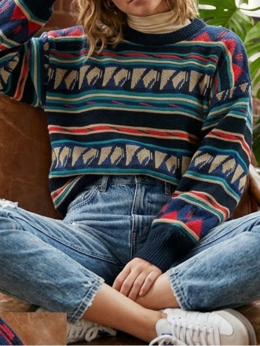 VINTAGE 80’s / 90’s Colorful Geo Print Coogi- Style Oversized Sweater XL